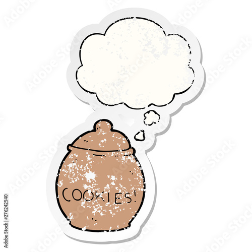 cartoon cookie jar and thought bubble as a distressed worn sticker