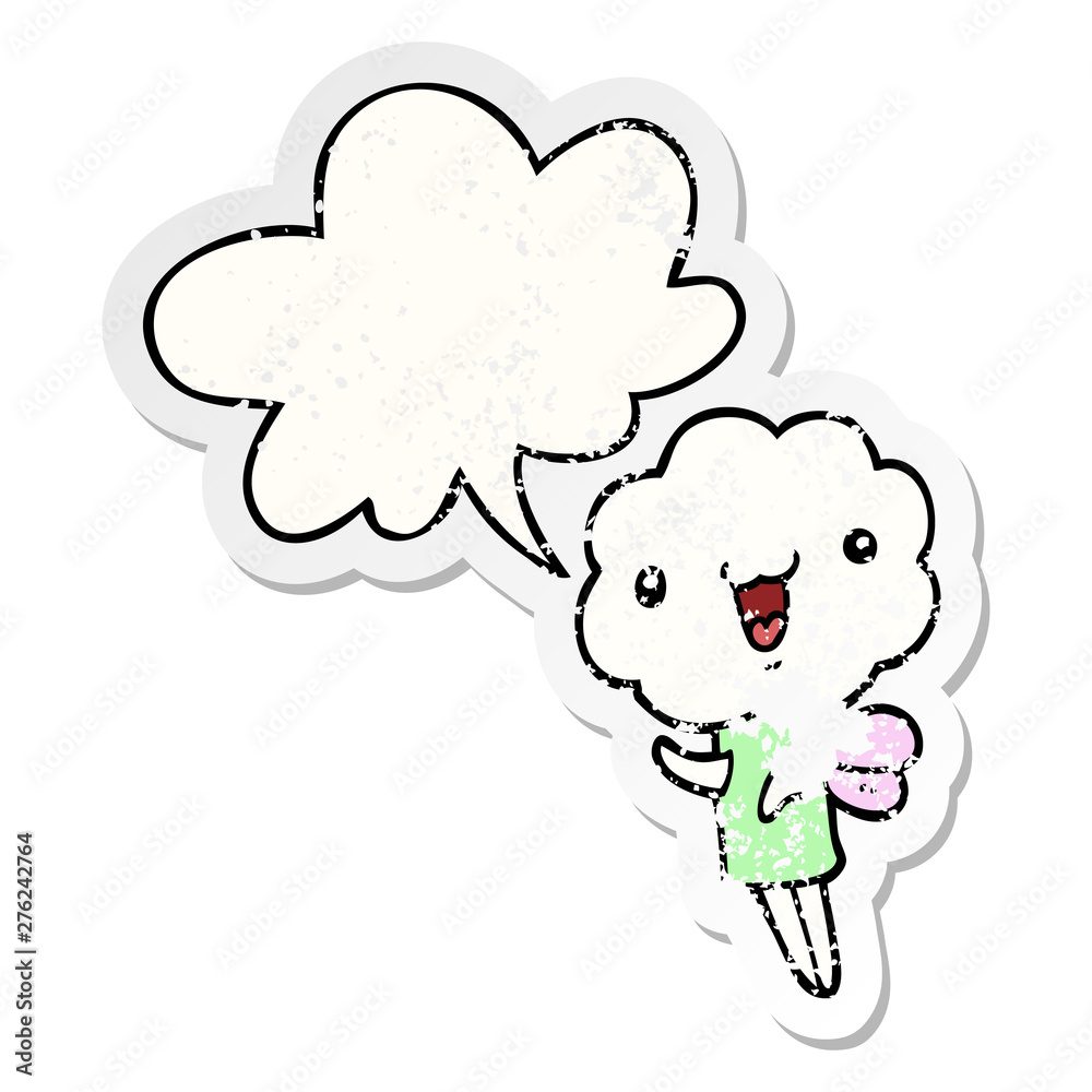 cute cartoon cloud head creature and speech bubble distressed sticker