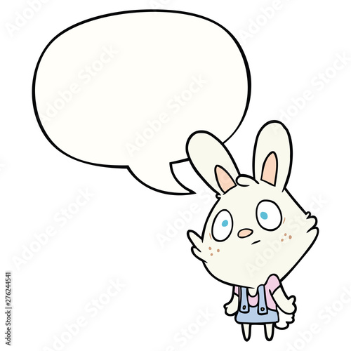cute cartoon rabbit shrugging shoulders and speech bubble