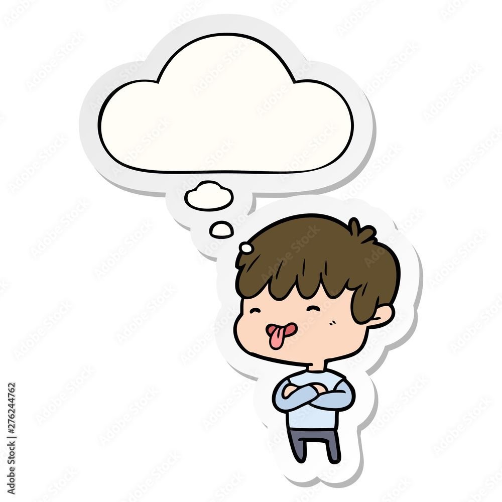 cartoon boy sticking out tongue and thought bubble as a printed sticker cartoon boy sticking out tongue and thought bubble as a printed sticker