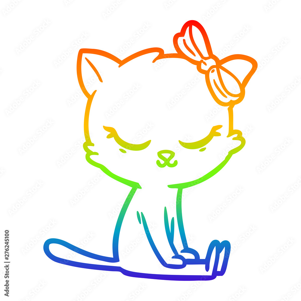 Obraz premium rainbow gradient line drawing cute cartoon cat with bow