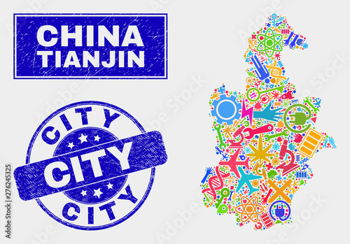Mosaic service Tianjin City map and City seal stamp. Tianjin City map collage constructed with scattered colorful tools, hands, industrial items. Blue rounded City seal stamp with distress texture.