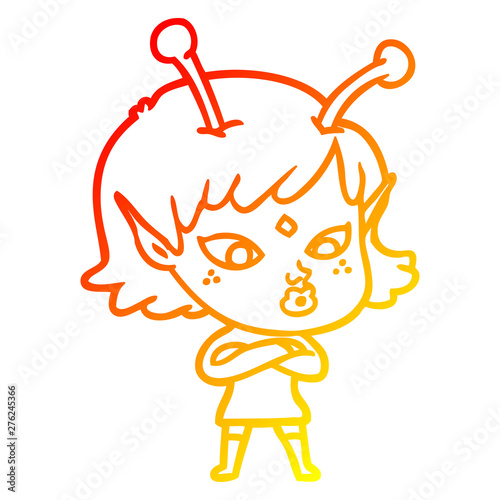 warm gradient line drawing pretty cartoon alien girl