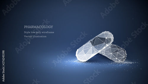 Medication or pill or capsule. Low poly wireframe style. Technology and innovation in pharmacology. Abstract illustration isolated on dark background. Particles are connected in a geometric silhouette