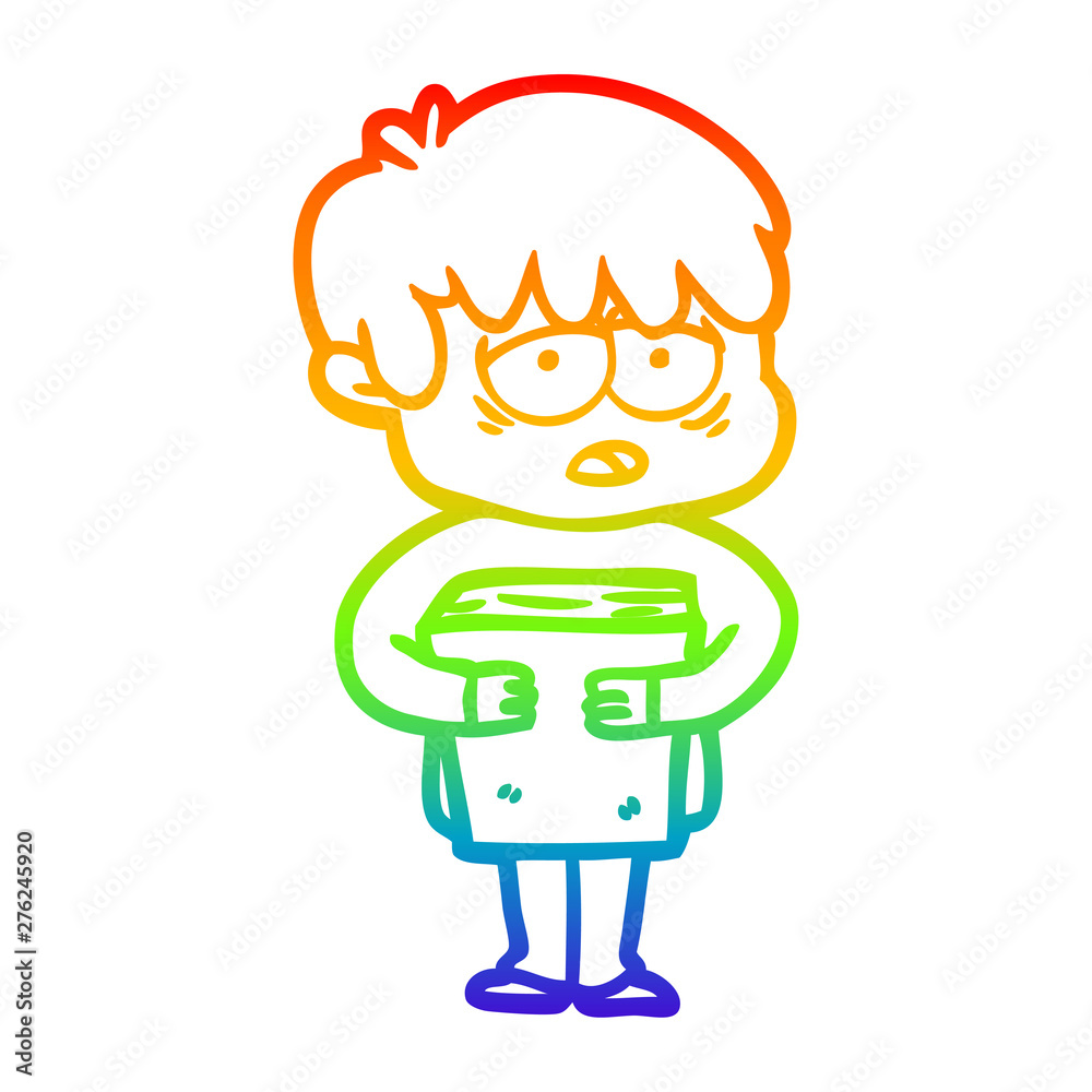 rainbow gradient line drawing cartoon exhausted boy holding book rainbow gradient line drawing cartoon exhausted boy holding book