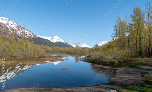 Reflections in Moose Flats Wetland and Portage Creek in Turnagain Arm near Anchorage Alaska United States