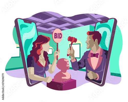 Man Hold Antique Auction and Woman Places Bid in online Museum Flat Style Illustration Concept