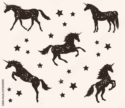 Vector flat black old vintage texture set collection of unicorn silhouette isolated on white background 