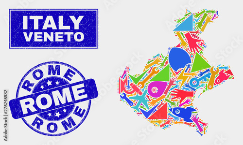Mosaic service Veneto region map and Rome seal stamp. Veneto region map collage made with scattered colored equipment, hands, service icons. Blue round Rome seal stamp with scratched texture.