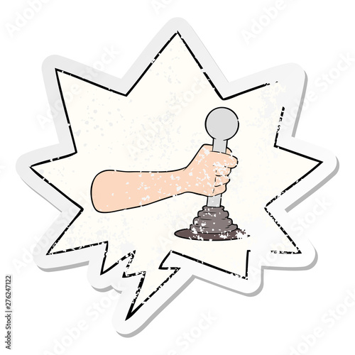 cartoon hand pulling lever and speech bubble distressed sticker