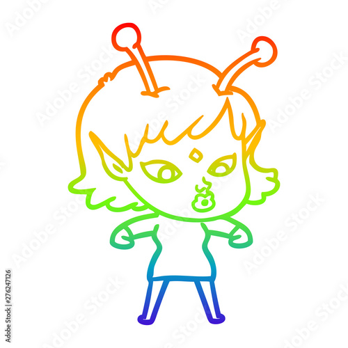 rainbow gradient line drawing pretty cartoon alien girl