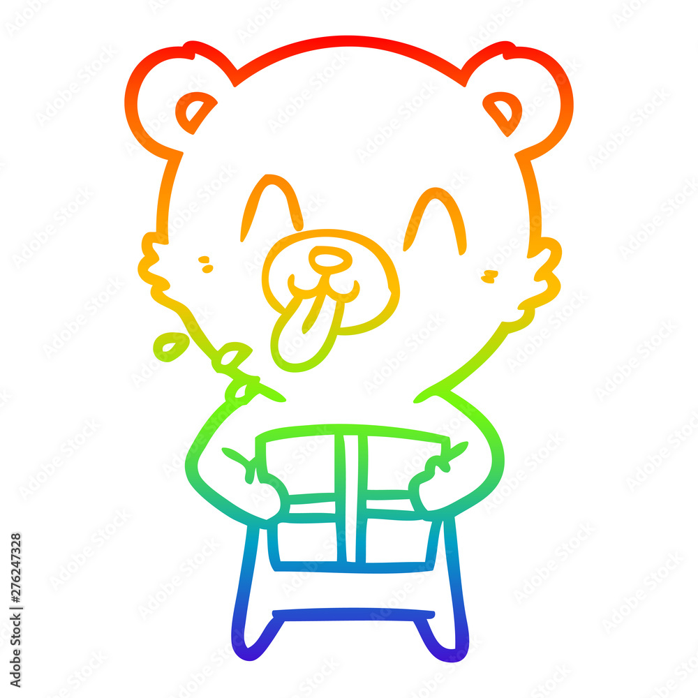 rainbow gradient line drawing rude cartoon polar bear sticking out tongue with present rainbow gradient line drawing rude cartoon polar bear sticking out tongue with present