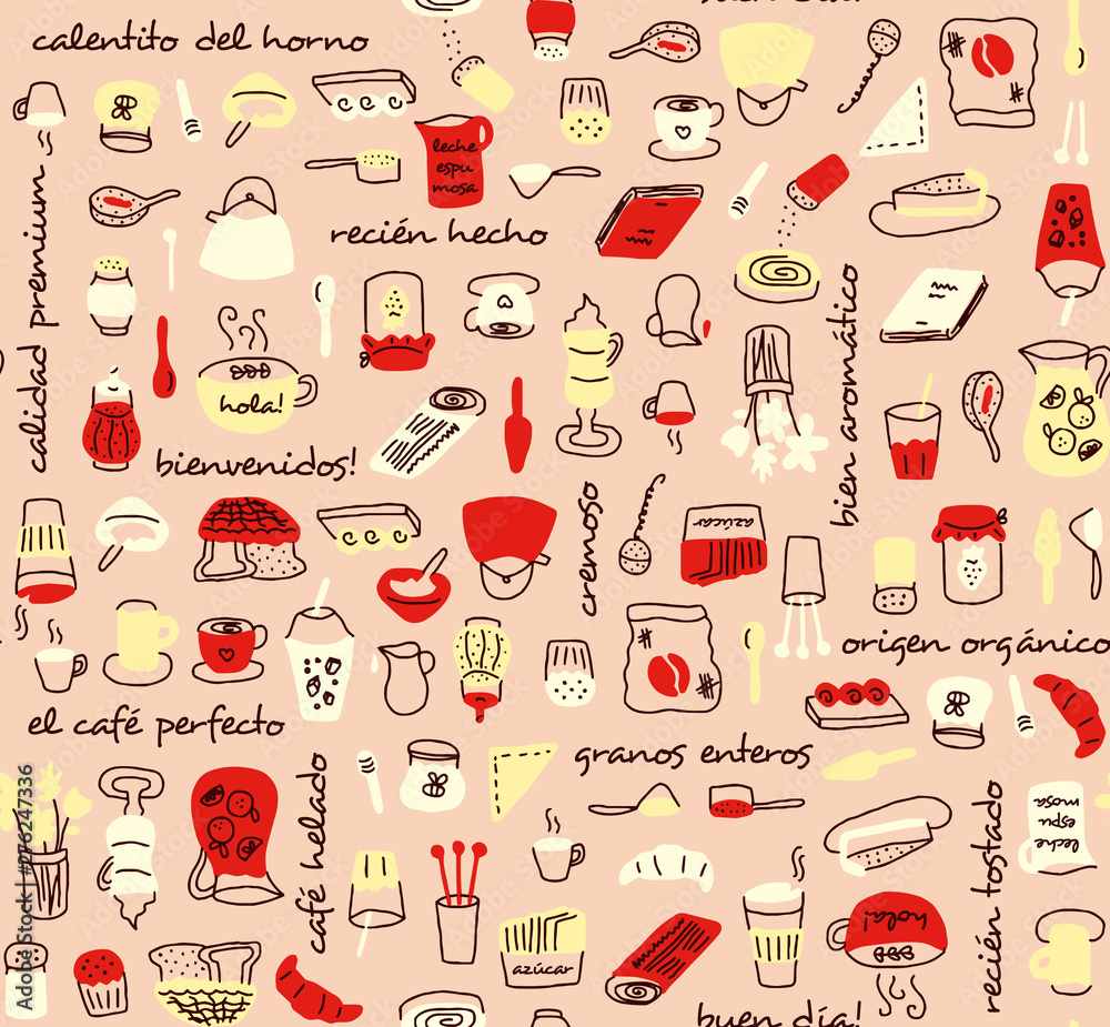 Coffee store elements with people and text in spanish seamless pattern in pink with yellow and red. Brunch and teatime hand drawn icons for backgrounds, textile, wrapping paper and wallpaper Coffee store elements with people and text in spanish seamless pattern in pink with yellow and red. Brunch and teatime hand drawn icons for backgrounds, textile, wrapping paper and wallpaper