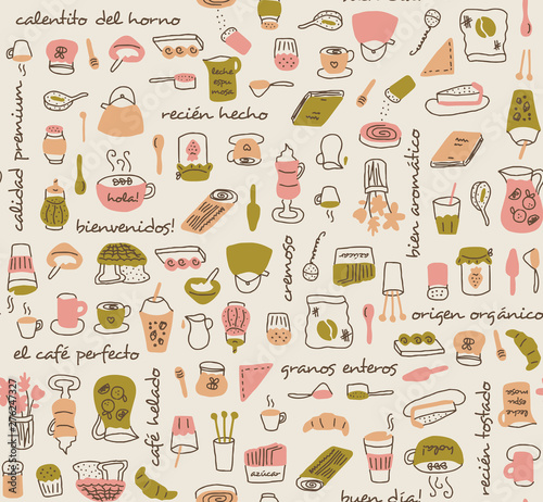 Coffee store elements with text in spanish seamless pattern in light warm vintage colors. Brunch and teatime hand drawn icons for backgrounds, textile, wrapping paper and wallpaper