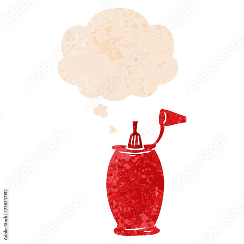 cartoon ketchup bottle and thought bubble in retro textured style