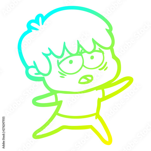 cold gradient line drawing cartoon exhausted boy