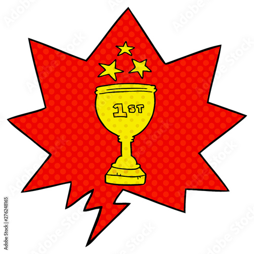 cartoon sports trophy and speech bubble in comic book style