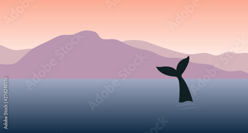 Vector flat cartoon landscape with mountains ocean and whale tail isolated