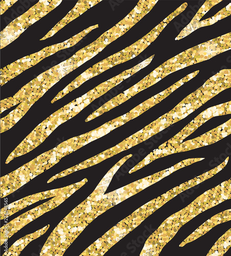 Vector seamless pattern of glitter golden zebra or tiger stripes isolated on black background