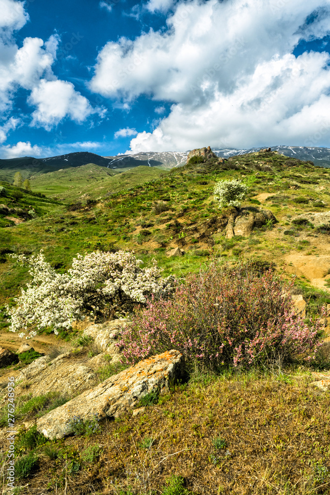 A stunning mountain view. Springtime landscape with meadow, mountains and sky. Zanzegur Mountains near Meghri village. Armenia