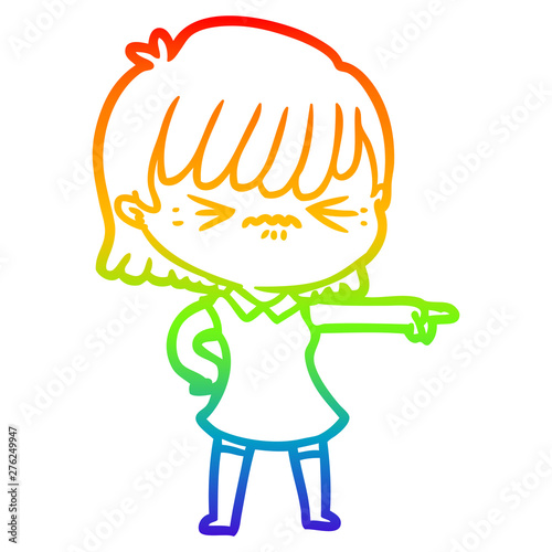 rainbow gradient line drawing annoyed cartoon girl blaming
