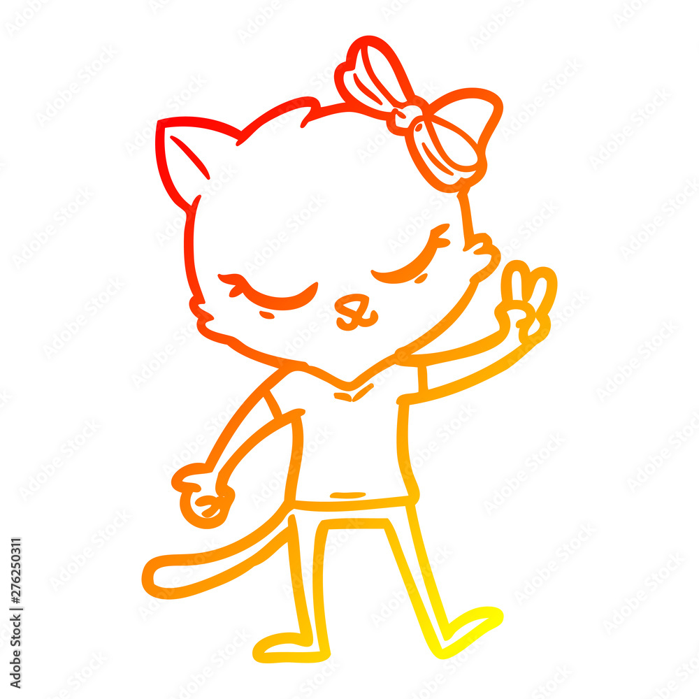 warm gradient line drawing cute cartoon cat with bow