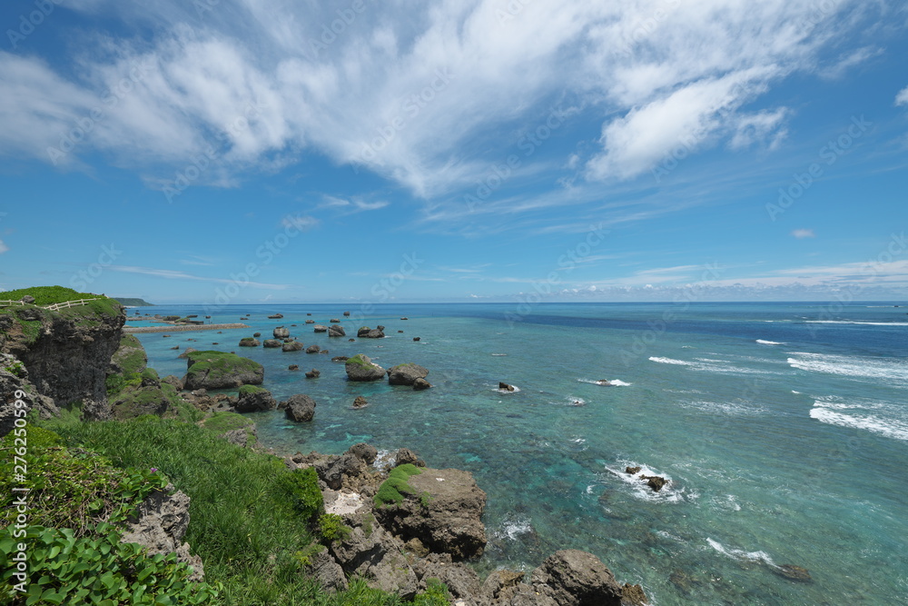 Miyako island, Japan-June 26, 2019: Pacific ocean viewed from Higashi Hennazaki in Miyako island, Okinawa Miyako island, Japan-June 26, 2019: Pacific ocean viewed from Higashi Hennazaki in Miyako island, Okinawa
