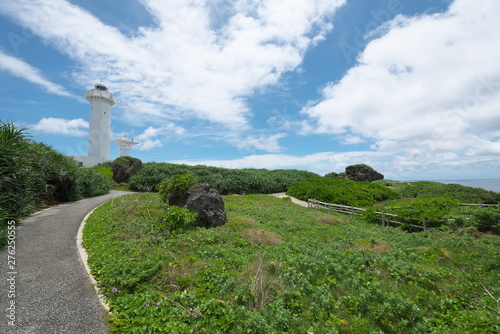 Miyako island, Japan-June 26, 2019: A lighthouse at Higashi Hennazaki in Miyako island, Okinawa