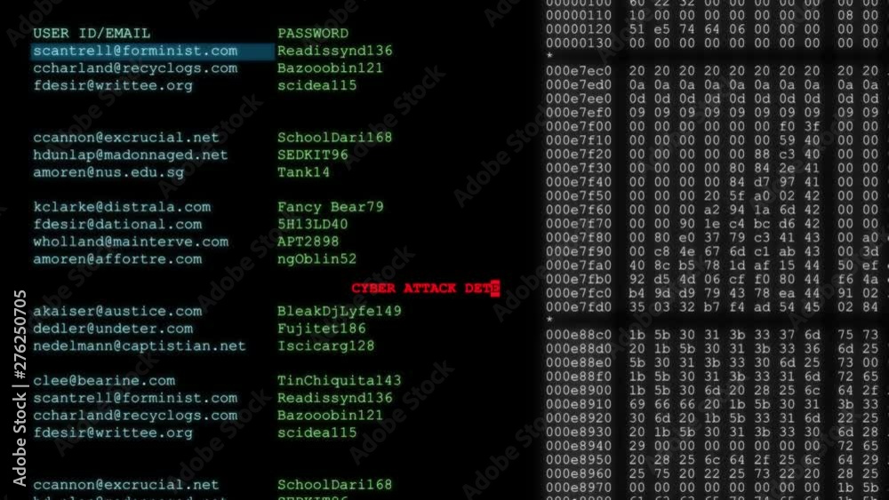 Email and passwords scroll when hacker text appears with a warning with glitches on the screen and the data is stolen