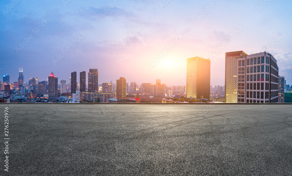 Shanghai skyline panoramic view with asphalt road at sunset,China Shanghai skyline panoramic view with asphalt road at sunset,China