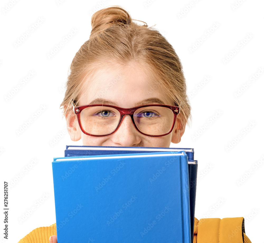 Cute teenage girl with books on white background Cute teenage girl with books on white background