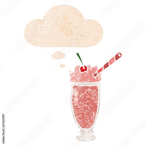 cartoon milkshake and thought bubble in retro textured style