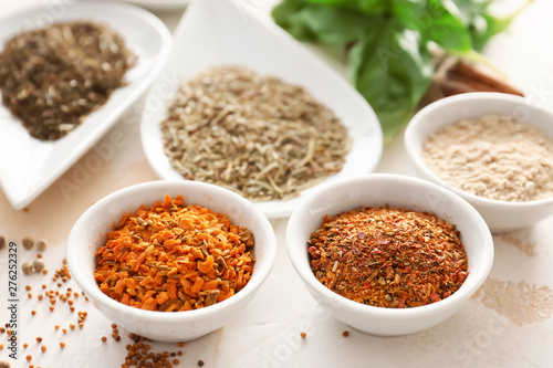 Many different spices on table