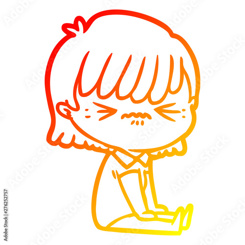 warm gradient line drawing annoyed cartoon girl sitting