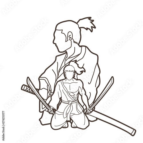 Samurai warriors with swords action cartoon graphic vector.