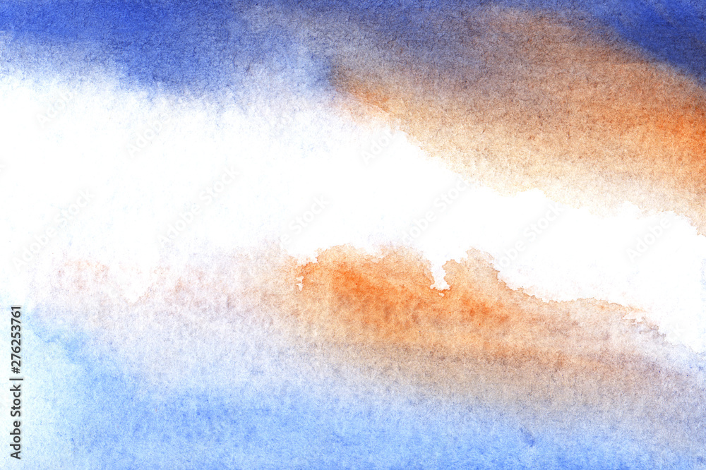 Delicately blurred abstract background in watercolor tones. Hand drawn art with paper texture. Bright mix of blue, refreshing white and soft orange splashes in the color palette.