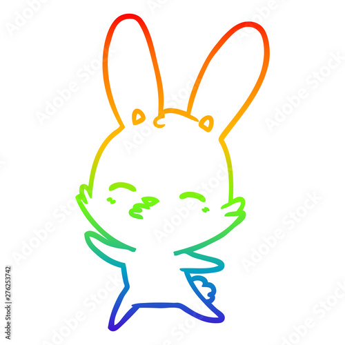 rainbow gradient line drawing curious waving bunny cartoon