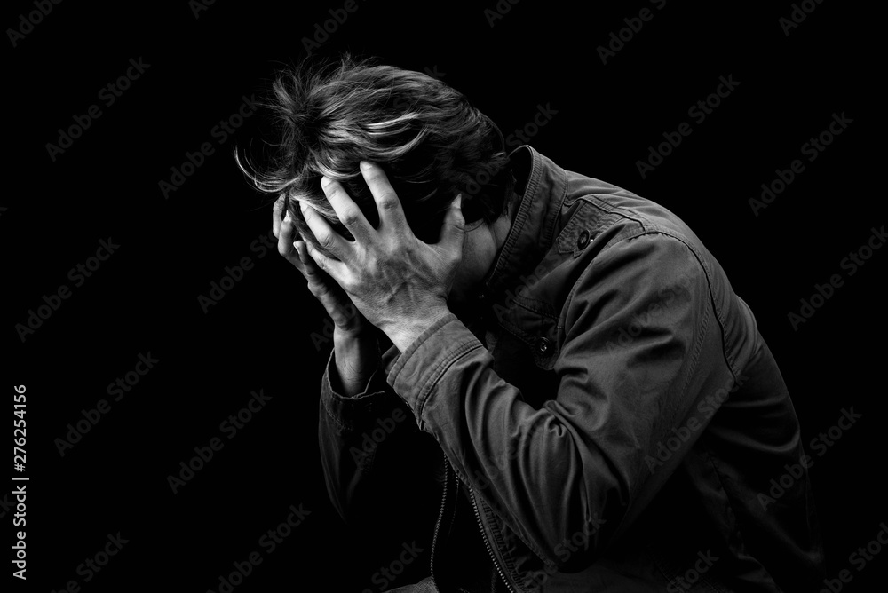 Man sad cry or strain alone on black background black & white color Stock  Photo | Adobe Stock