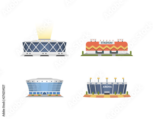 Sport stadium front view vector collection in cartoon style. City arena exterior illustration set.
