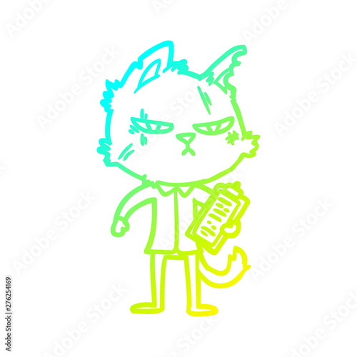 cold gradient line drawing tough cartoon cat with clipboard