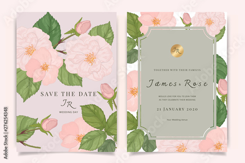Wedding Invitation, floral invite thank you, rsvp modern card Design in pink rose with leaf greenery  branches decorative Vector elegant rustic template