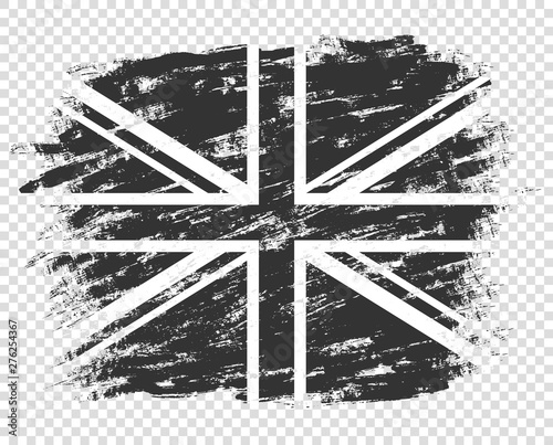 The flag of Britain silhouette is black and white. UK grunge, abstract. Monochrome style. Illustration isolated on a transparent background.