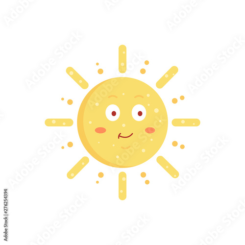 Funny vector hand drawn sun illustration. Cute sun emoticon icon. Summer sunny face emoji.