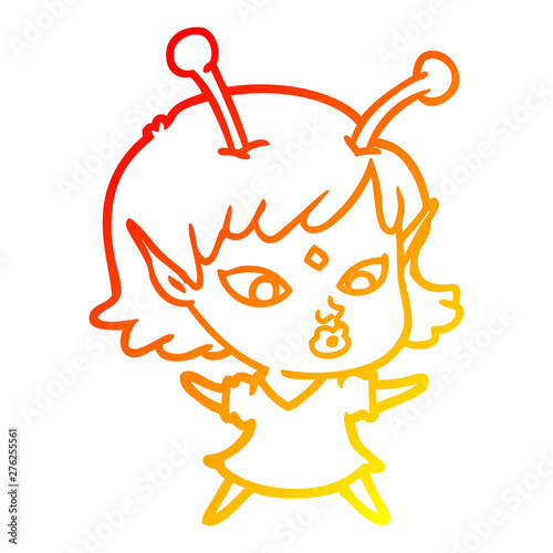 warm gradient line drawing pretty cartoon alien girl