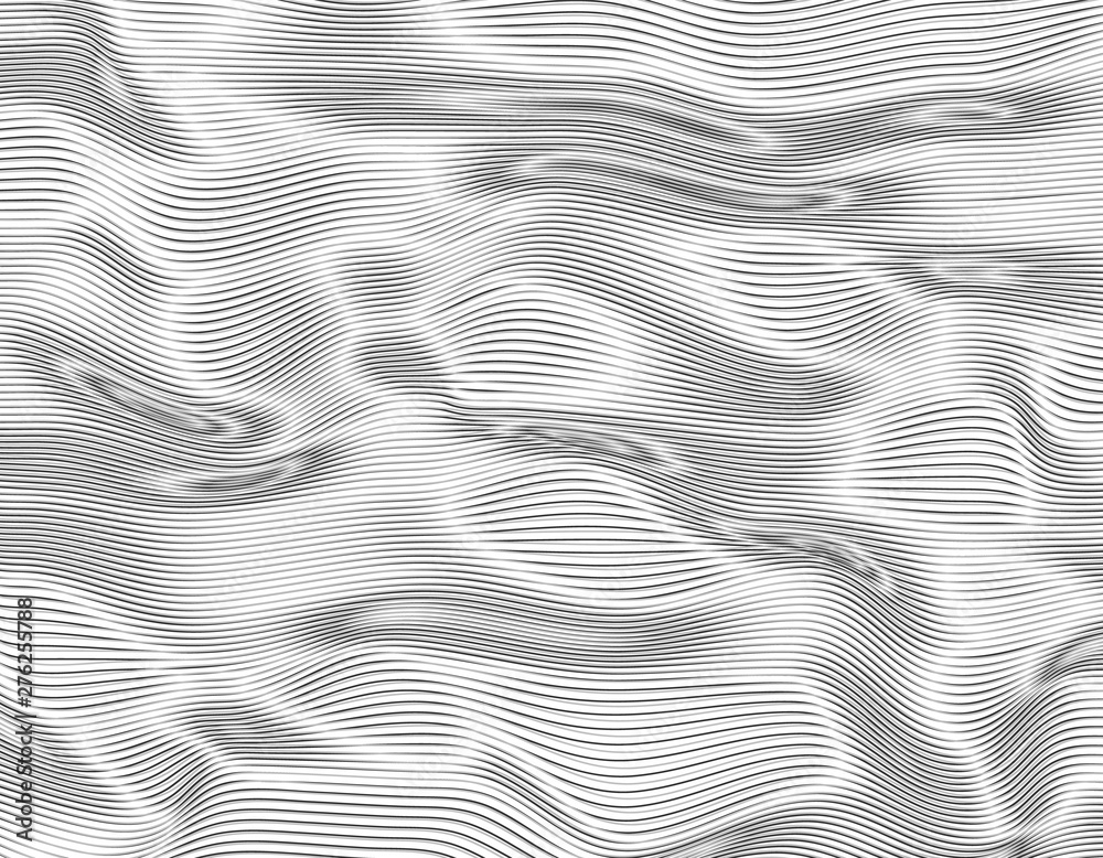 Abstract distorted lines. Wave a 3d texture of a simple black thin lines. Illusion of liquid. Vector illustration.