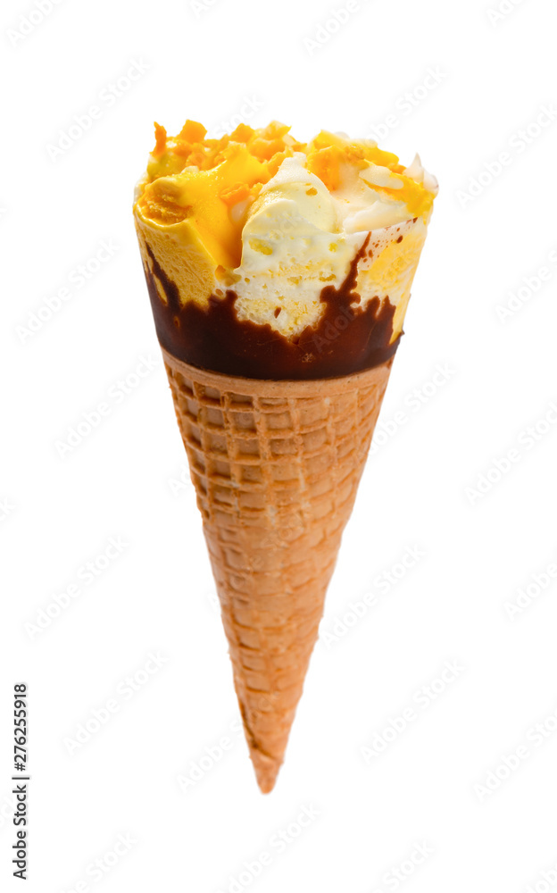 mango and chocolate flavor ice cream cone on white with clipping path mango and chocolate flavor ice cream cone on white with clipping path