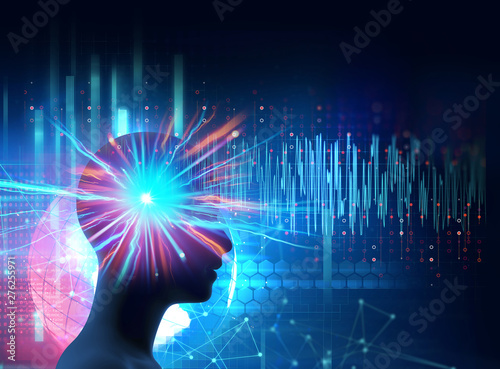 silhouette of virtual human on brain delta wave form 3d illustration