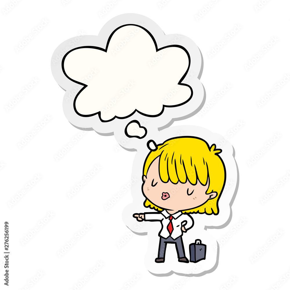 cartoon efficient businesswoman and thought bubble as a printed sticker cartoon efficient businesswoman and thought bubble as a printed sticker