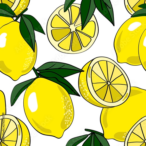 Seamless repeat pattern with bold yellow lemons and leaves on white background