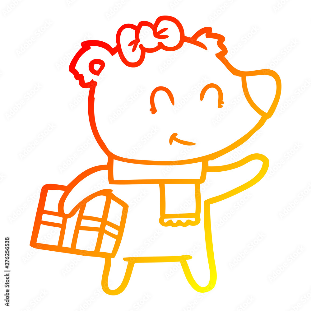 warm gradient line drawing female polar bear with christmas present warm gradient line drawing female polar bear with christmas present